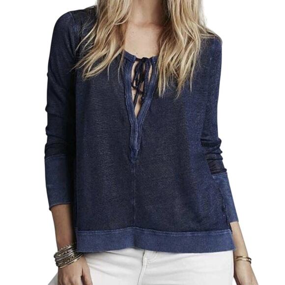 Free People Affogato Hacci Tunic Top Denim Blue Size S Linen Blend Boho Relaxed - Picture 1 of 9